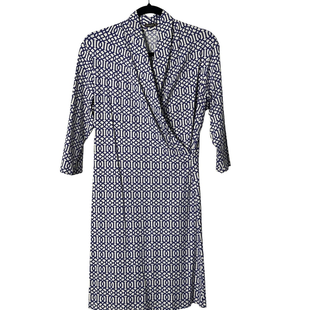 J.McLaughlin Navy White Geometric Faux Wrap Dress Catalina Cloth Womens Medium